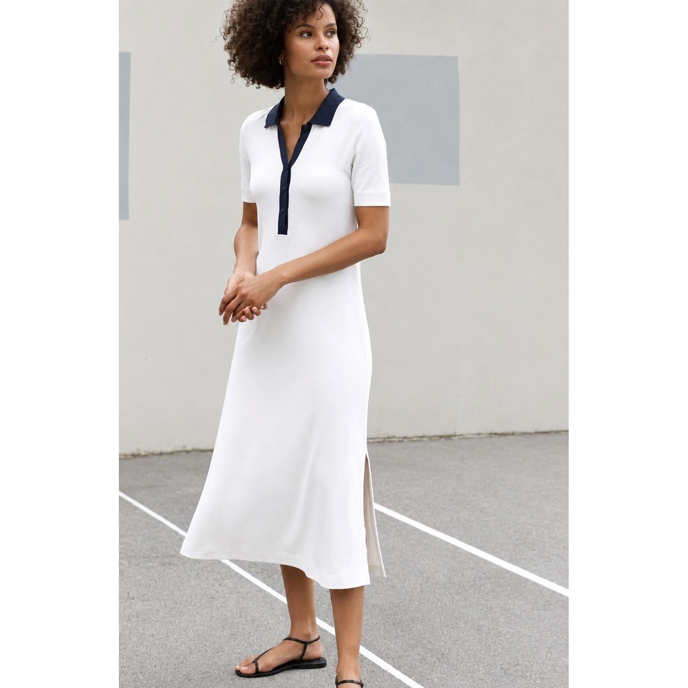 AYR Womens Pima Cotton Polo Scout Midi Dress Cream Navy Short Sleeve Slits XS